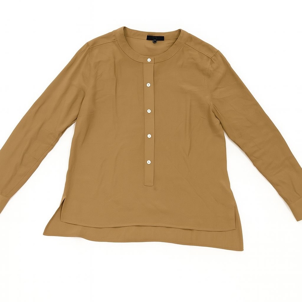 Theory Women’s Silk Long Sleeve Blouse Tan Beige Button Front Size M